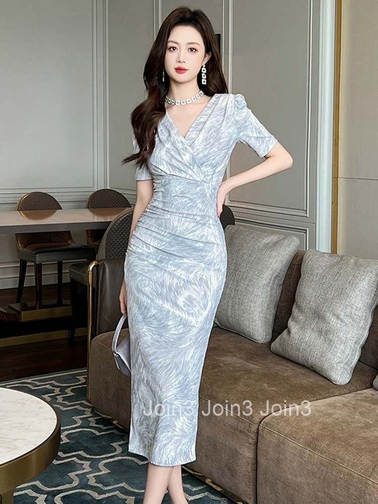 New Summer Casual Print Stretchy Skinny Dress Women Elegant Office V-Neck Short Sleeve Folds Midi Pencil Vestidos Street Clothes