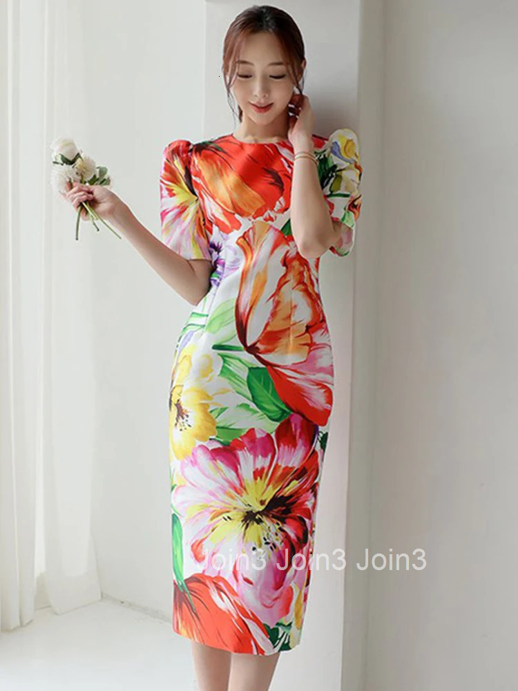 Elegant Office Women Dress Vintage Floral O-Neck Short Sleeve Slit Slim Midi Club Robe Femme Ladies Vestidos Ropa Mujer Verano