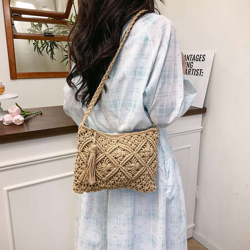 Trendy Straw 2025 New Women's Single Shoulder Summer Hollow Woven Phone Tassel Crossbody Bag