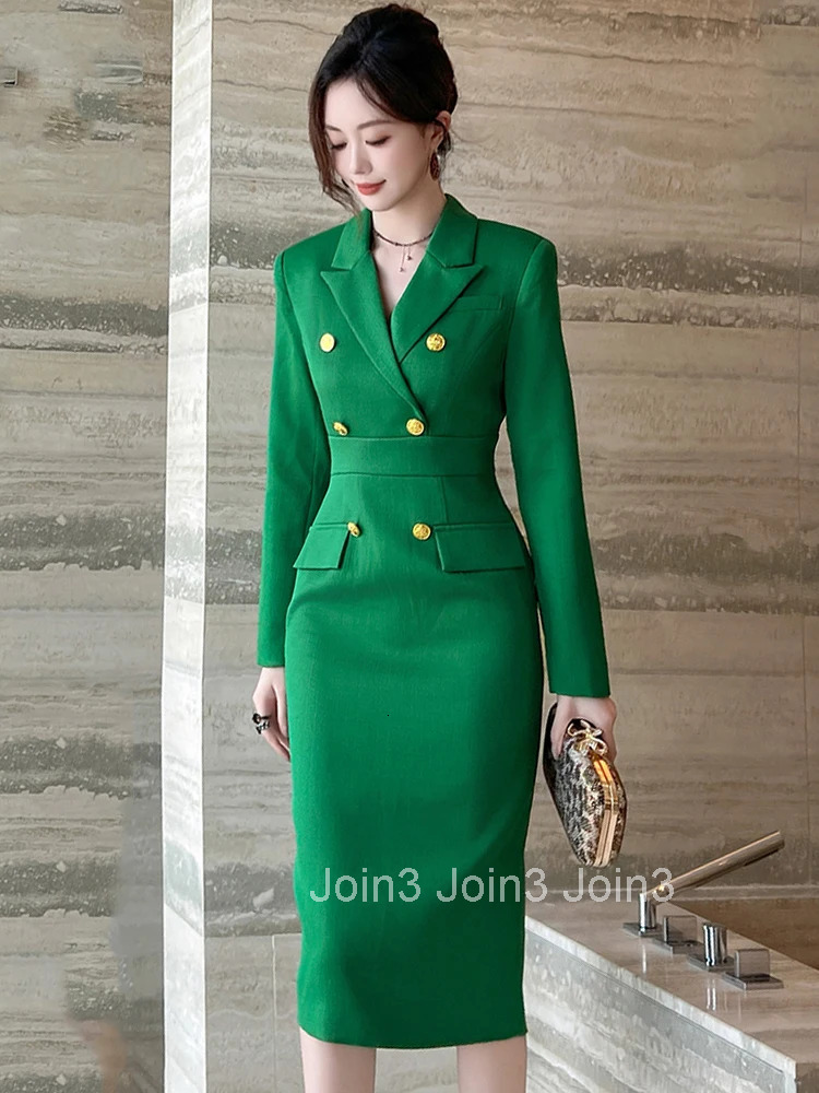 New Autumn Business Formal Occasion Classic Green Pencil Dress Women Clothes Elegant Office Lady Long Sleeve Slim Midi Vestidos