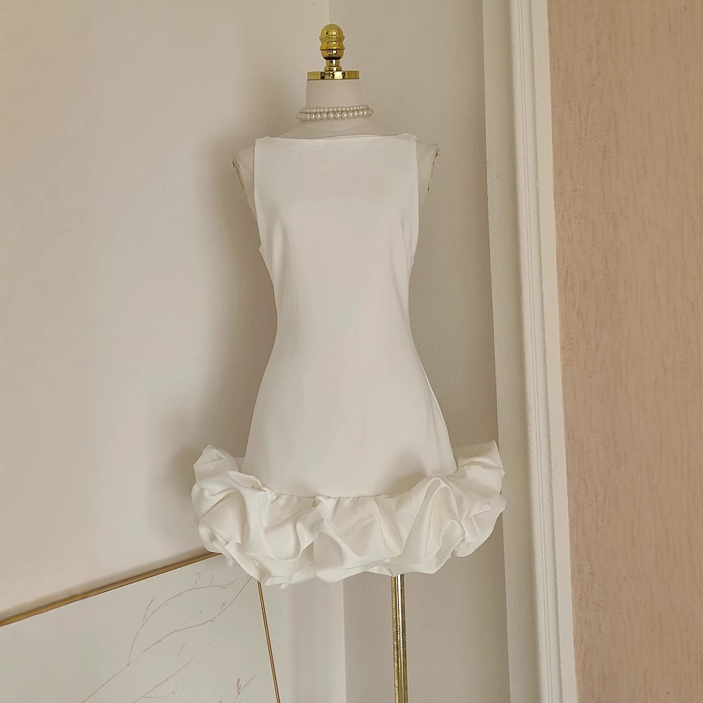 H5209 Women's simple French ruffled patchwork waist slim backless sleeveless mini dress