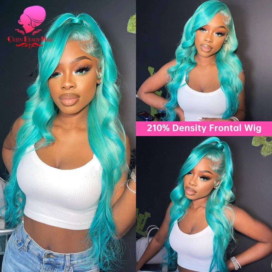 Light Green 13x6 Transparent Front Body Wave Lace Frontal Wigs Pre Plucked Blue Colored Human Hair Wig