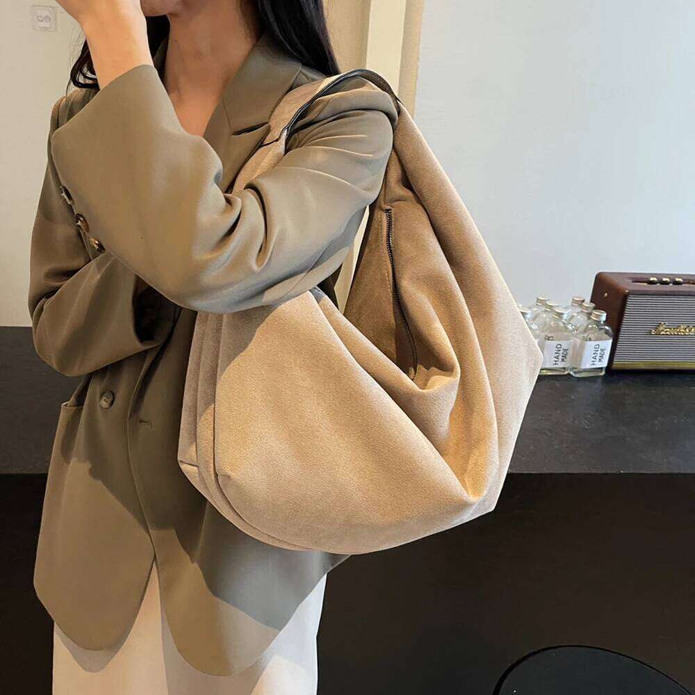 Women Suede Shoulder With Zipper Tote Large Capacity Underarm Bag Handbag For Work Travel