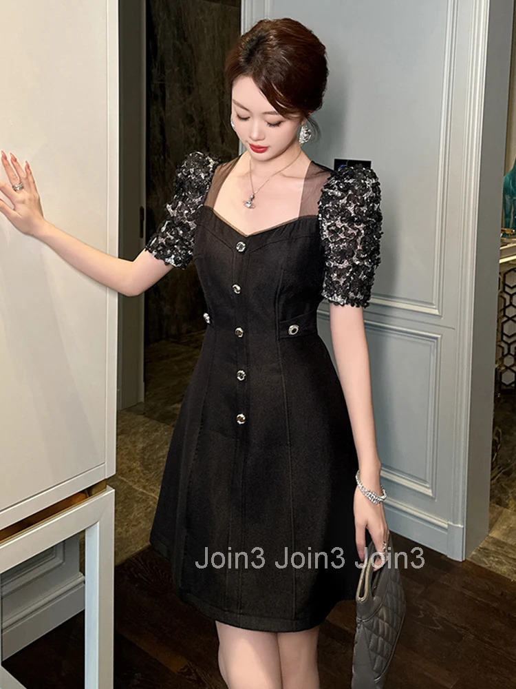 New Summer Fashion Black Retro Square Collar A-Line Short Dress Women Clothes Elegant Puff Sleeve Slim Party Prom Vestido Fiesta