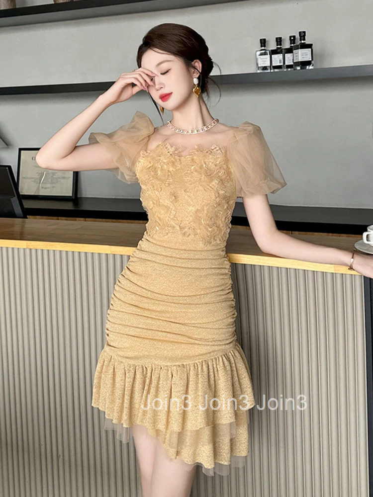 Summer Fashion Bright Silk Sparkly Gold Evening Dress Women Clothes Sweet Mesh Sheer Sexy Bubble Sleeve Slim Party Prom Vestidos