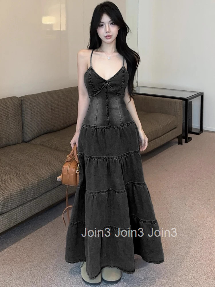Women Clothes Y2K Denim Sexy Strap Backless Slim Maxi Long A-Line Dress Elegant Fashion Party Prom Vestido Robe Beach Casual New