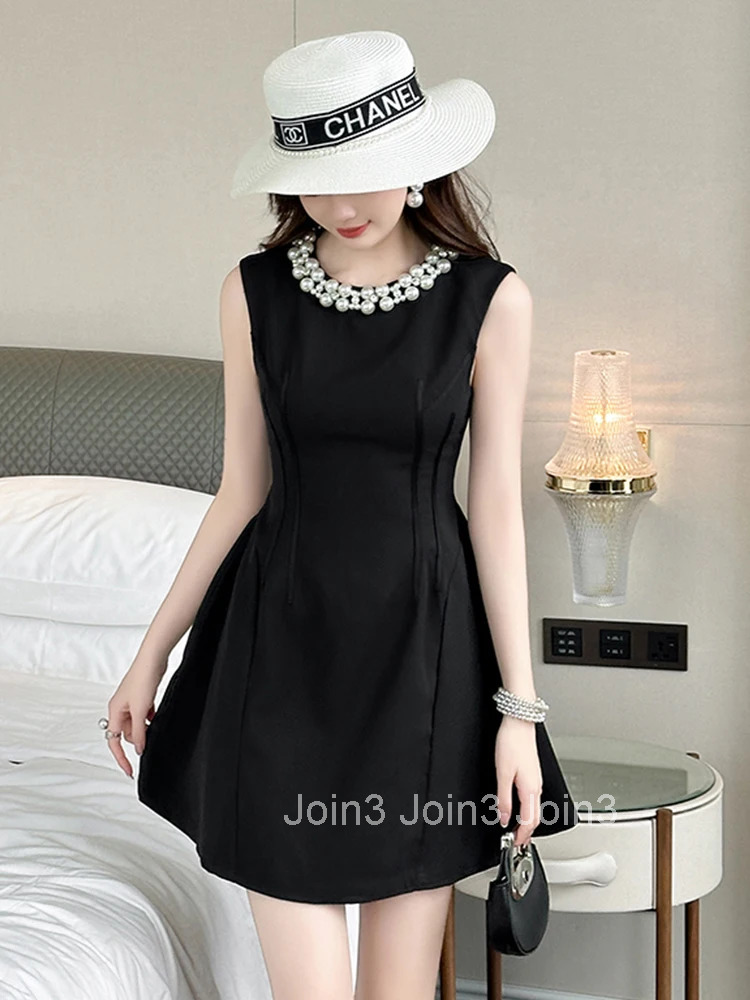 Summer Fashion Black Gown Evening Dress Women Clothes Elegant Retro Pearl Sleeveless Slim Short A-Line Party Club Prom Vestidos