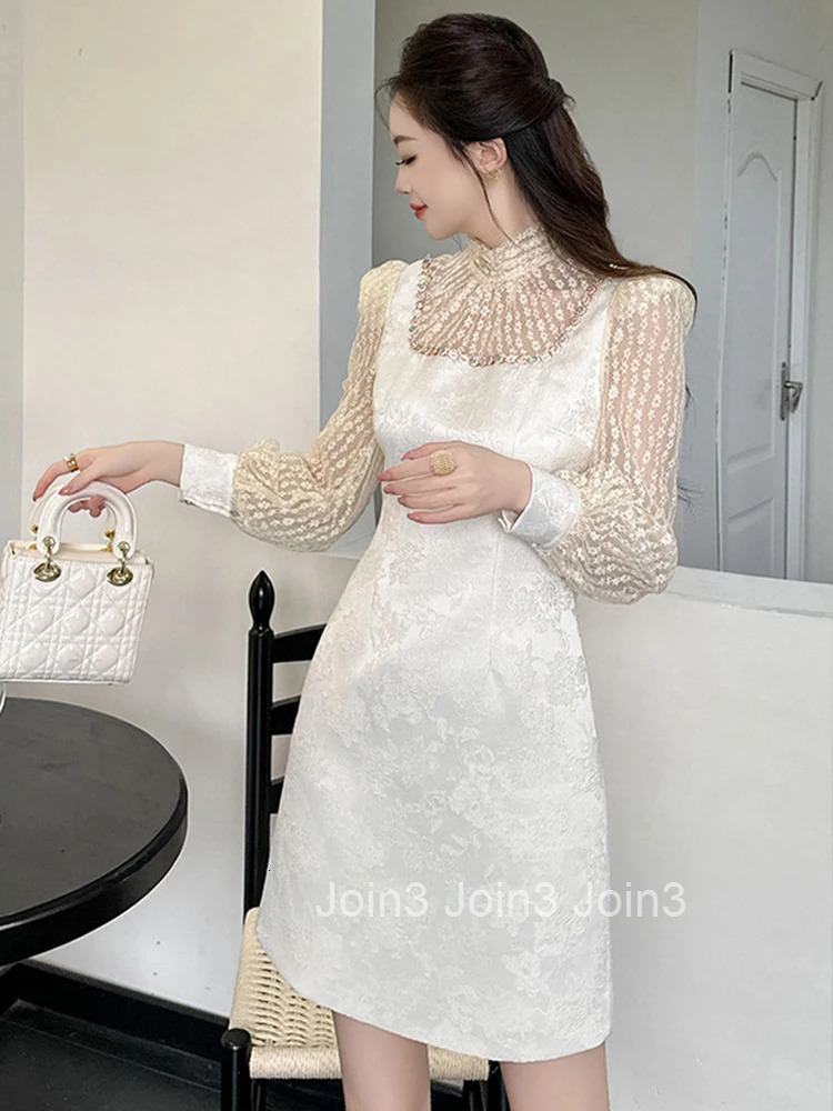 Fashion Lady Jacquard Fake 2 Pieces Evening Dress Women Clothing Sweet Elegant Luxury Puff Sleeve Slim Short Party Prom Vestidos