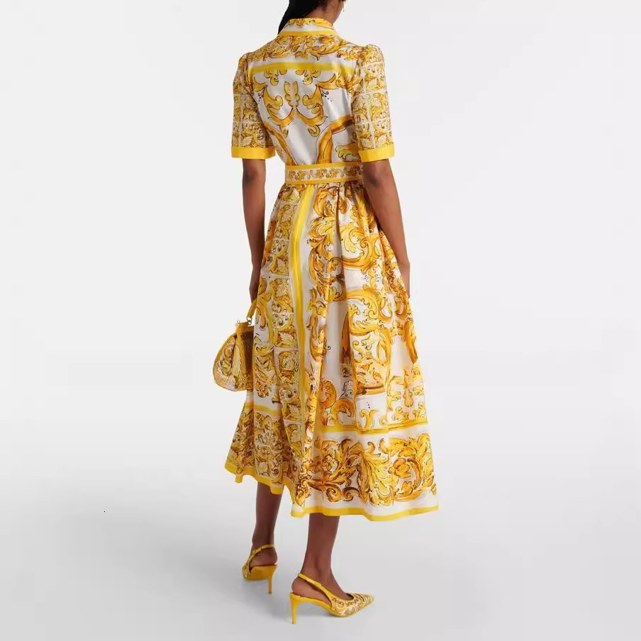 Women Organic Cotton Half High Collar Paisley Printed Midi Dress with Sashes 250121