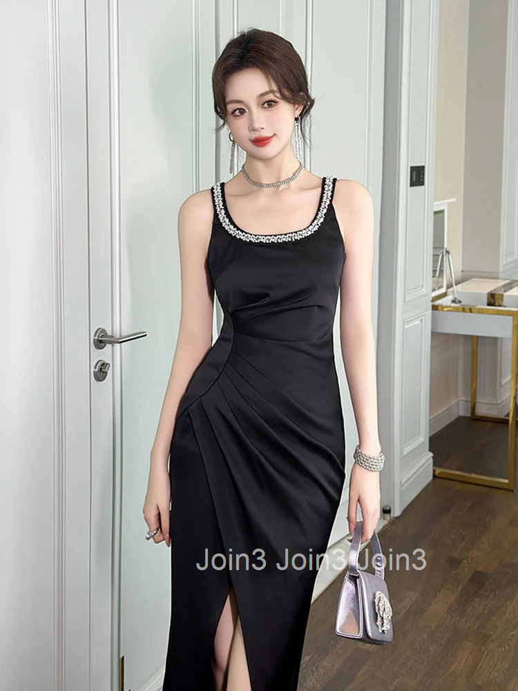 Summer Fashion Satin Black Elegant Luxury Retro Evening Dress Women Clothes Sexy Sleeveless Slim Party Club Prom Vestidos Fiesta