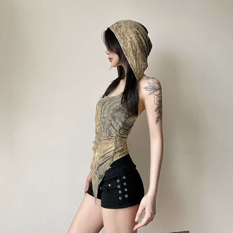 Women's Steampunk Style Distressed Backless Hooded Irregular Hem Sleeveless Vest Top B5