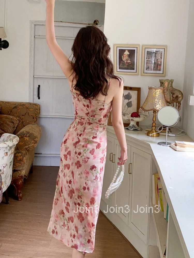 Fashion Summer Long Evening Dress For Women Elegant Sweet Print Sexy Strap Slim Slit Midi Party Prom Beach Mujer Vestidos Robe