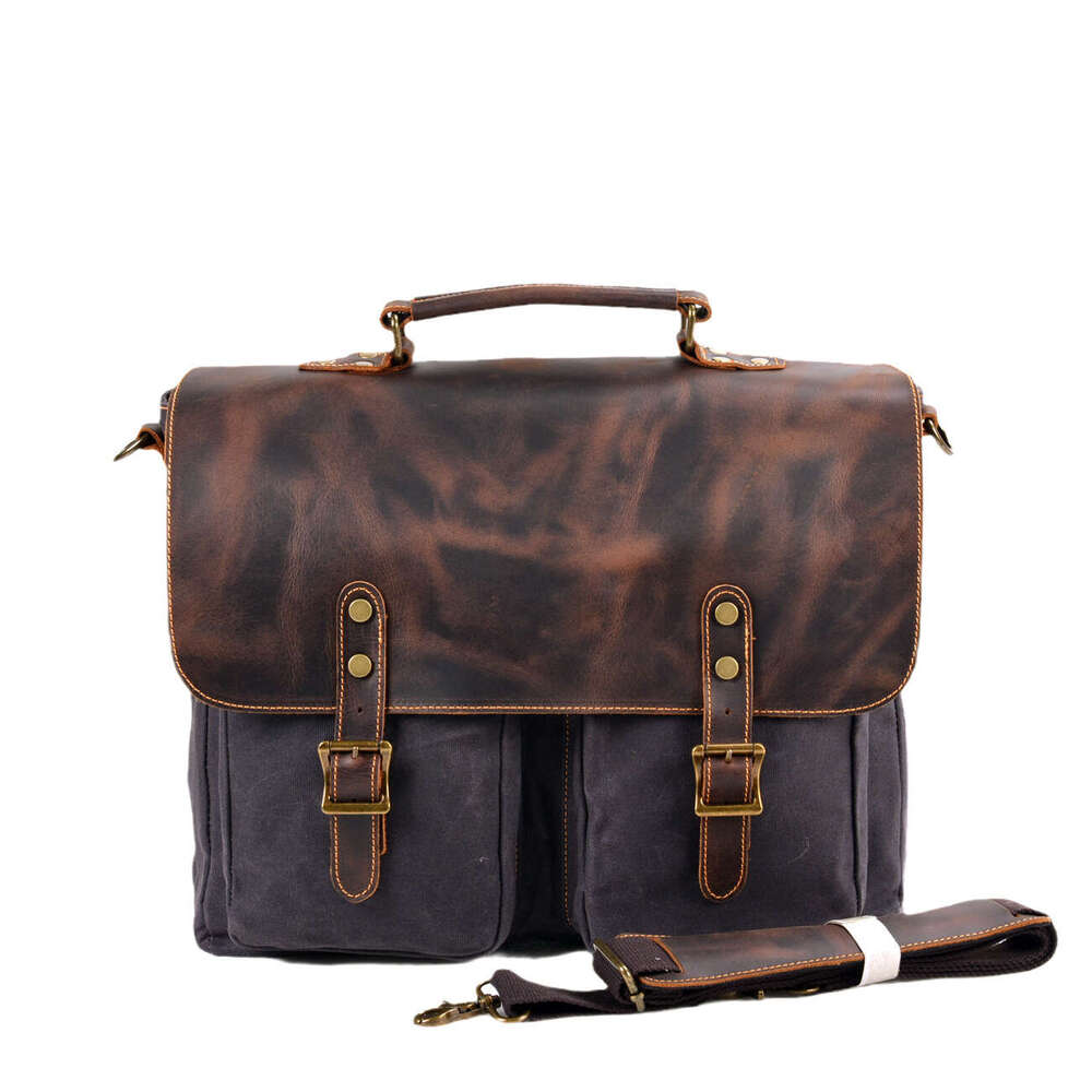 Waterproof Canvas Splicing Genuine Leather Briefcase Handbag Men's Single Shoulder Crossbody 16inch Business Laptop Bag