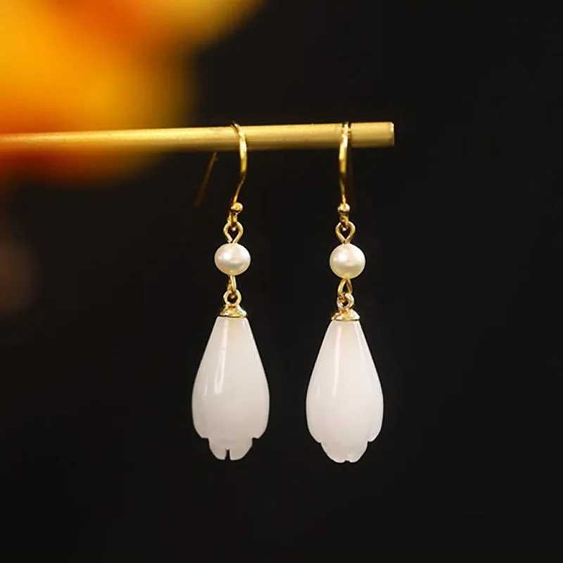 VENTFILLE 925 Sterling Silver Hetian Jade Earrings Pearl Magnolia Flower Eardrops Vintage Jewelry Dropshipping Wholesale XJ250623