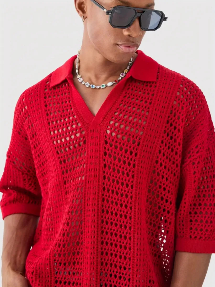 Fashion Red Knitted Polo Shirts for Men Hollow Out Mesh Texture Short Sleeve T-shirts Spring Summer Light Mature Style Knit Tops 250616