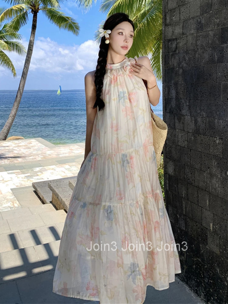 Women Vacation Clothes Sweet Floral Print Sexy Sleeveless Loose Maxi Long Dress Elegant Fashion Party Prom Vestidos Robe Beach