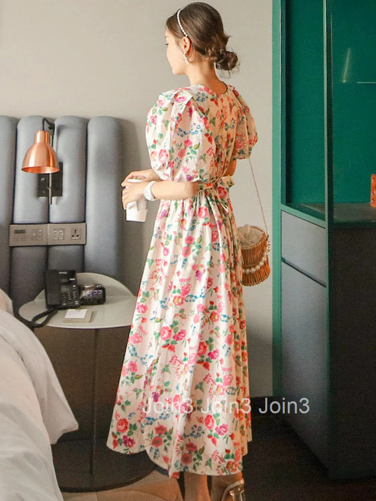Korean Summer Elegant Women Long Dress Mujer Floral Print Puff Sleeve Maxi Dresses Party Beach Ladies Streetwear Robe Vestidos