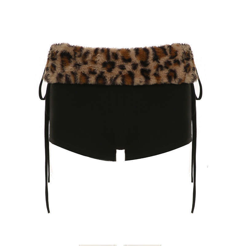 Trendy Sexy Ruched Short Tube Top Vest Drawstring Low Waist Shorts Leopard Print Faux Fur Patchwork Two-Piece Set B5