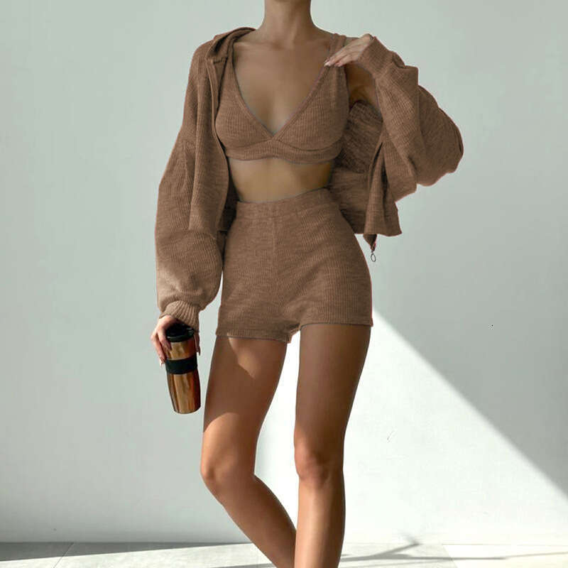 Solid Color Sports Slim Fit Underwear Shorts Loose Hooded Long Sleeve Sweatshirt Jacket Casual Three-Piece Set B5