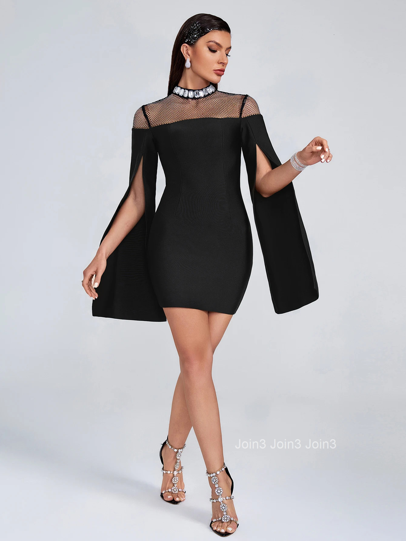 Autumn Newest Bandage Dress Womens Commuting Short Skirt Fashion Mesh Diamond Slit Long Sleeved Elegant Socialite Party Outfit