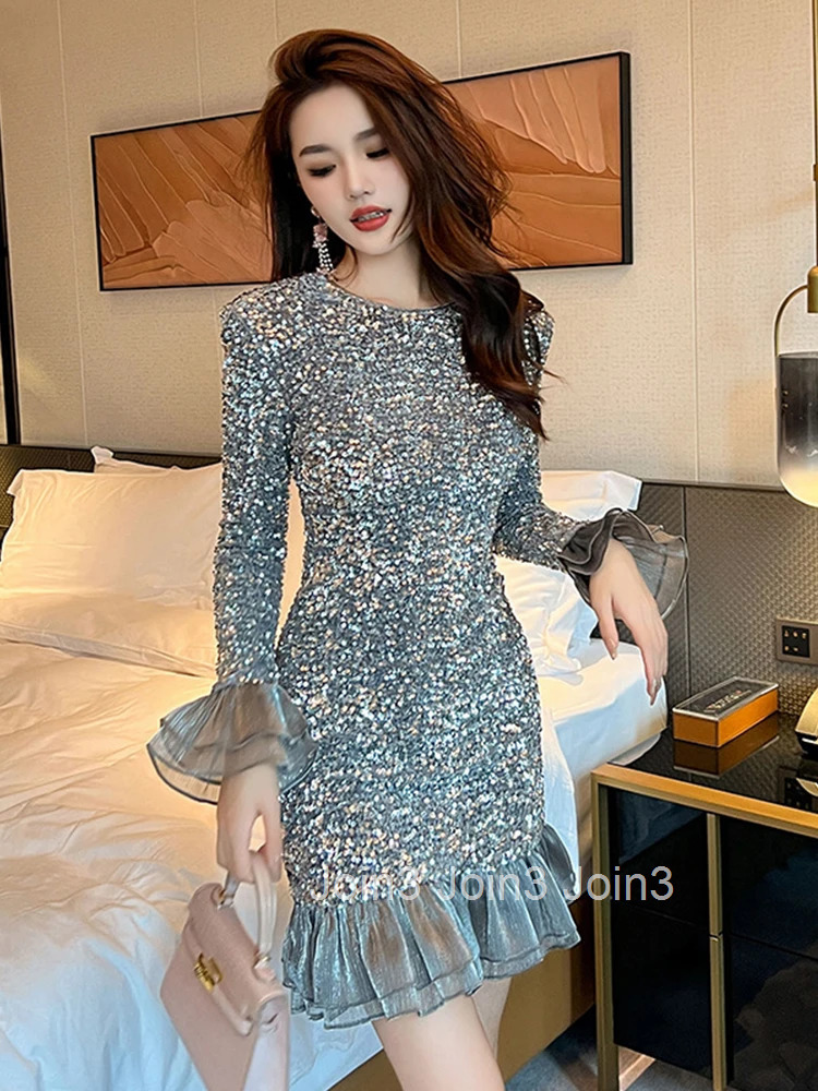 New Autumn Fashion Retro Silvery Sequin Evening Dress Women Clothes Flare Sleeve Skinny Fishtail Short Party Prom Vestido Fiesta