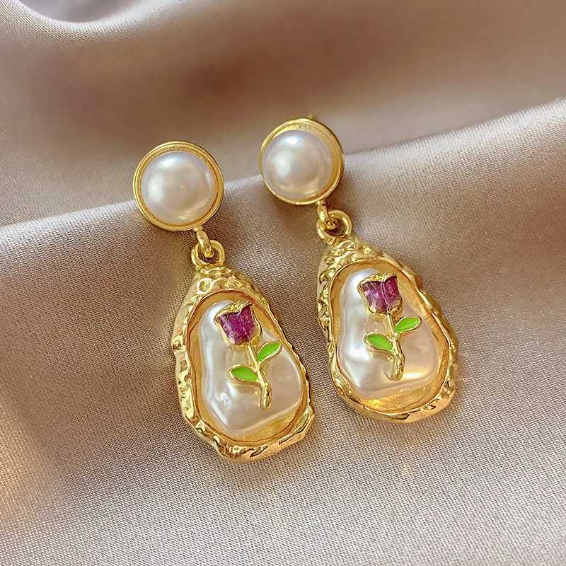 Baroque Imitation Pearl Flower Waterdrop Dangle Earrings for Women Painting Style Elegant Punk Simple Jewelry Trend Accessories XJ250623