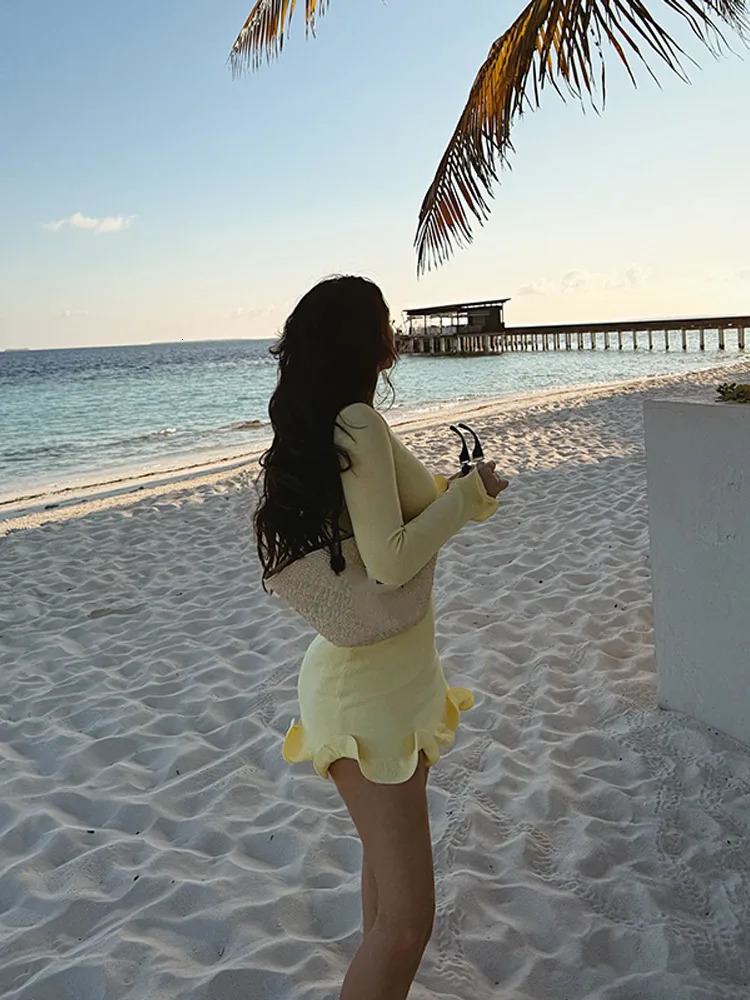 Women Chic Ruffles Hem Solid Mini Dress Elegant Full Sleeve High Waist Slim Fit Dresses Summer Vacation Street Vestidos 2025 250616