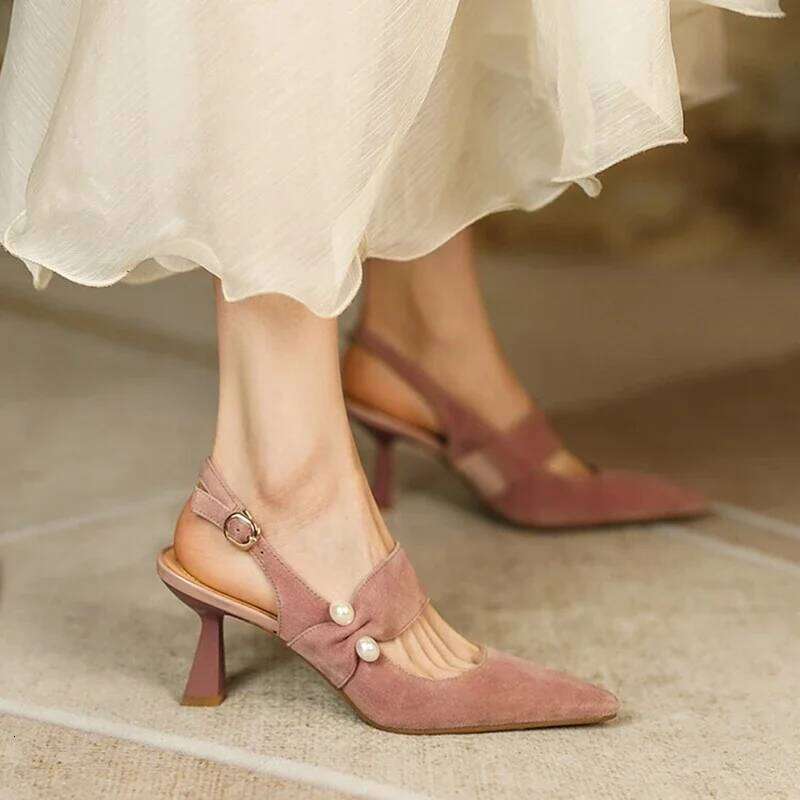 NEW Summer Sheep Suede Leather for Women Pointed Thin Heel Shoes Cover Toe Slingback Shoe Pearl Sandals
