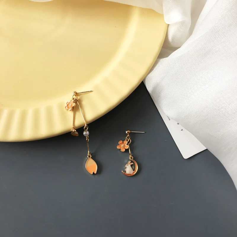 New Trend Blue Flower Dangle Earrings For Women Cute Animal Cat Cherry Blossoms Asymmetrical Earring Party Kitten Jewelry Gifts XJ250623
