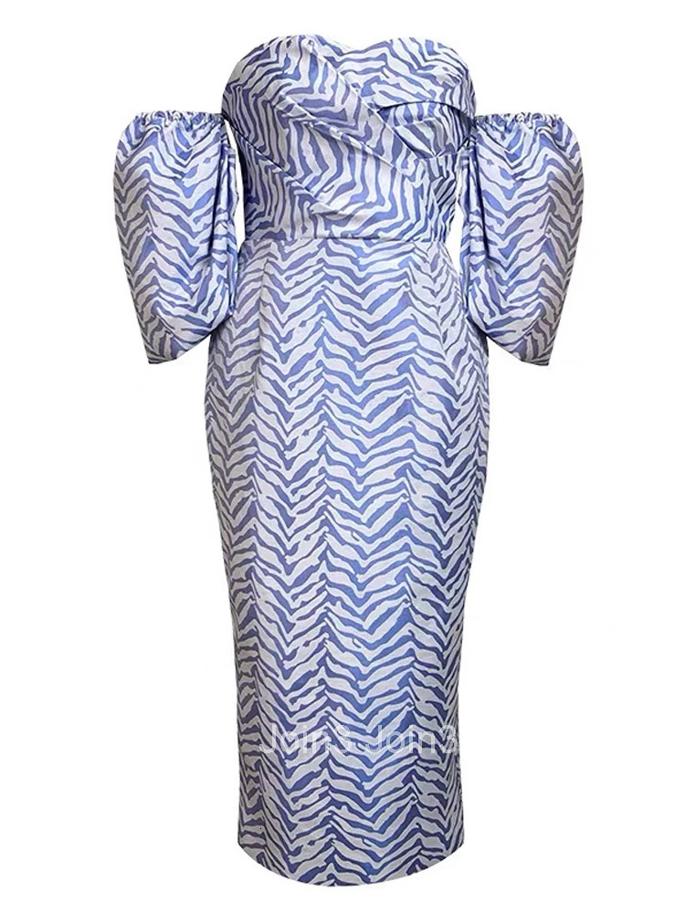 Fashion Vintage Off-Shoulder Lantern Sleeve Midi Mini Party Club Dress Ladies Elegant Robe Casual Stripe Strapless Split Dress