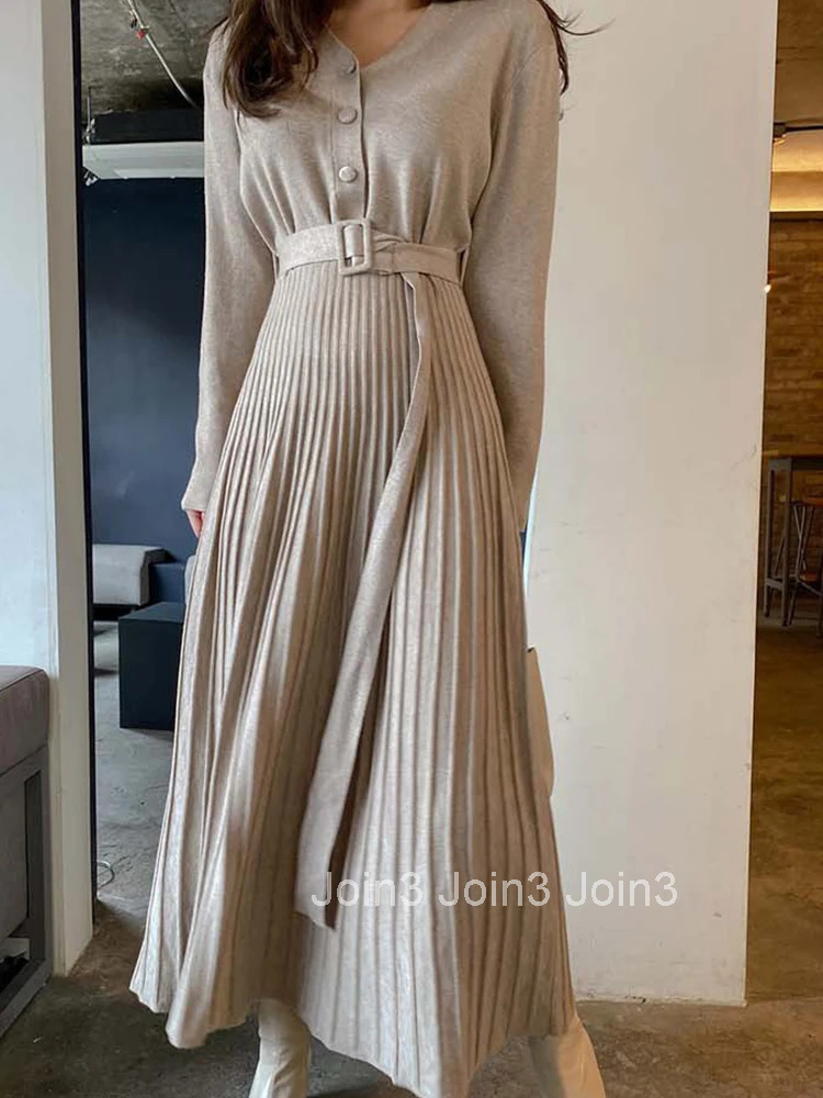 Fashion Autumn Winter Formal Knitted Long Dress Women Ladies Clothes Pretty Sweater Casual V-Neck Slim Midi Robe Mujer Vestidos