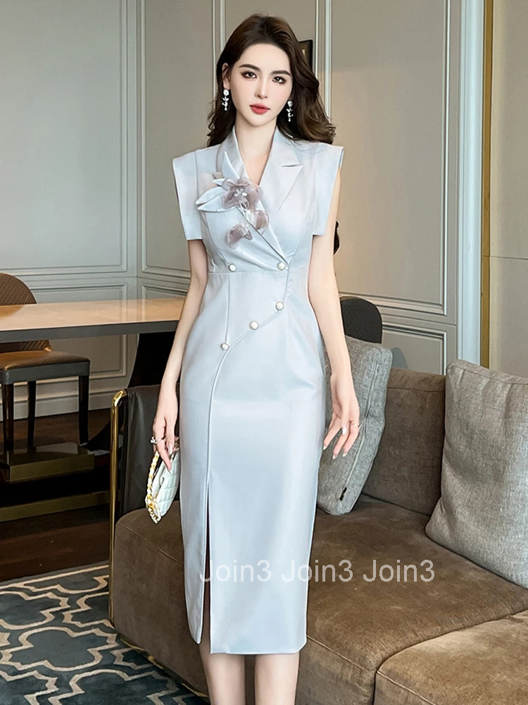 Summer Fashion Work Style Formal Occasion Dress Women Clothes Retro Elegant Office Commute Sleeveless Slit Slim Pencil Vestidos
