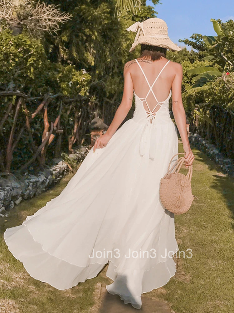 Women Vacation Clothes White Chiffon Sexy Sling Backless Slim Maxi Long Dress Elegant Fashion Party Prom Vestidos Robe Beach New