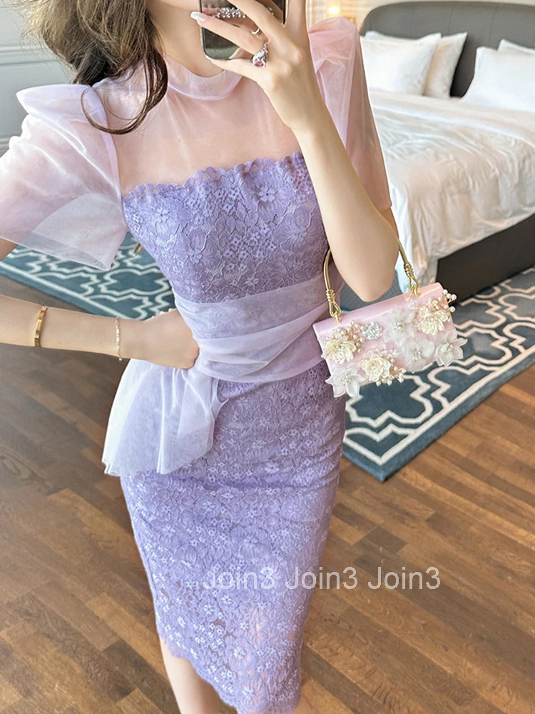 Fashion Summer Elegant Women Evening Dress Lady Lace Purple Sheer Sexy Puff Sleeve Slim Midi Party Prom Holiday Mujer Vestidos