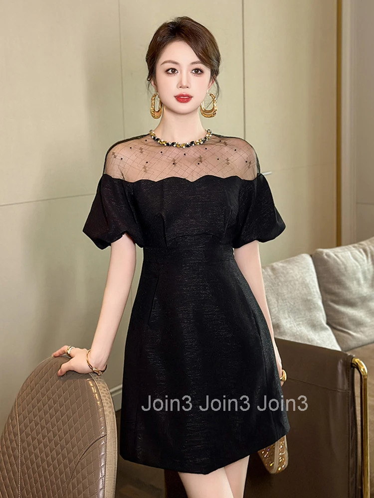 Summer Elegant Luxury Gown Evening Dress Women Clothes Mesh Splic Sheer Sexy Puff Sleeve Slim A-Line Short Party Prom Vestidos