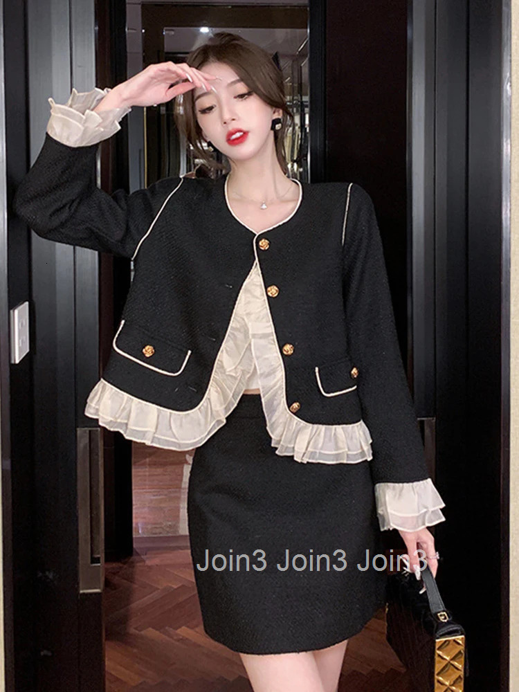 New Fashion Black Tweed 2 Pieces Outfit Women Ladies Sweet Ruffle O-Neck Coat Tops Jacket Outwear And Mini Skirt Mujer Short Set
