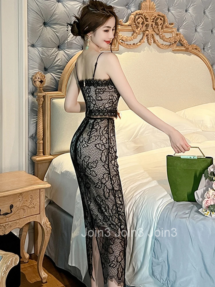 New Fashion Y2K Summer Lace Sexy 2 Piece Outfits Women Chic Strap Short Cropped Tops Blouse High Waist Midi Skirt Mujer Slim Set