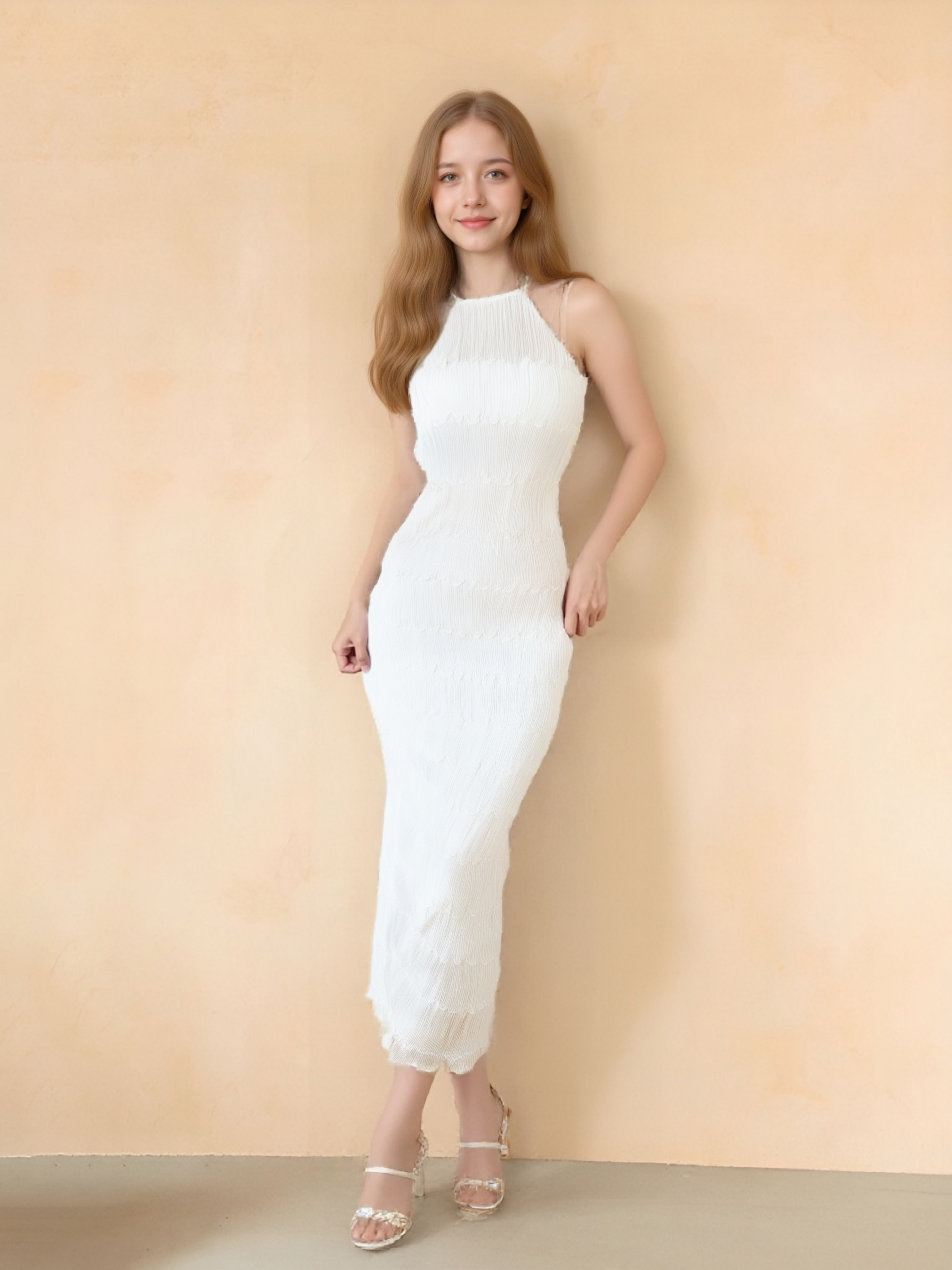 Elegant White Halter Maxi Dress, Layered Ruffle Detail for Women