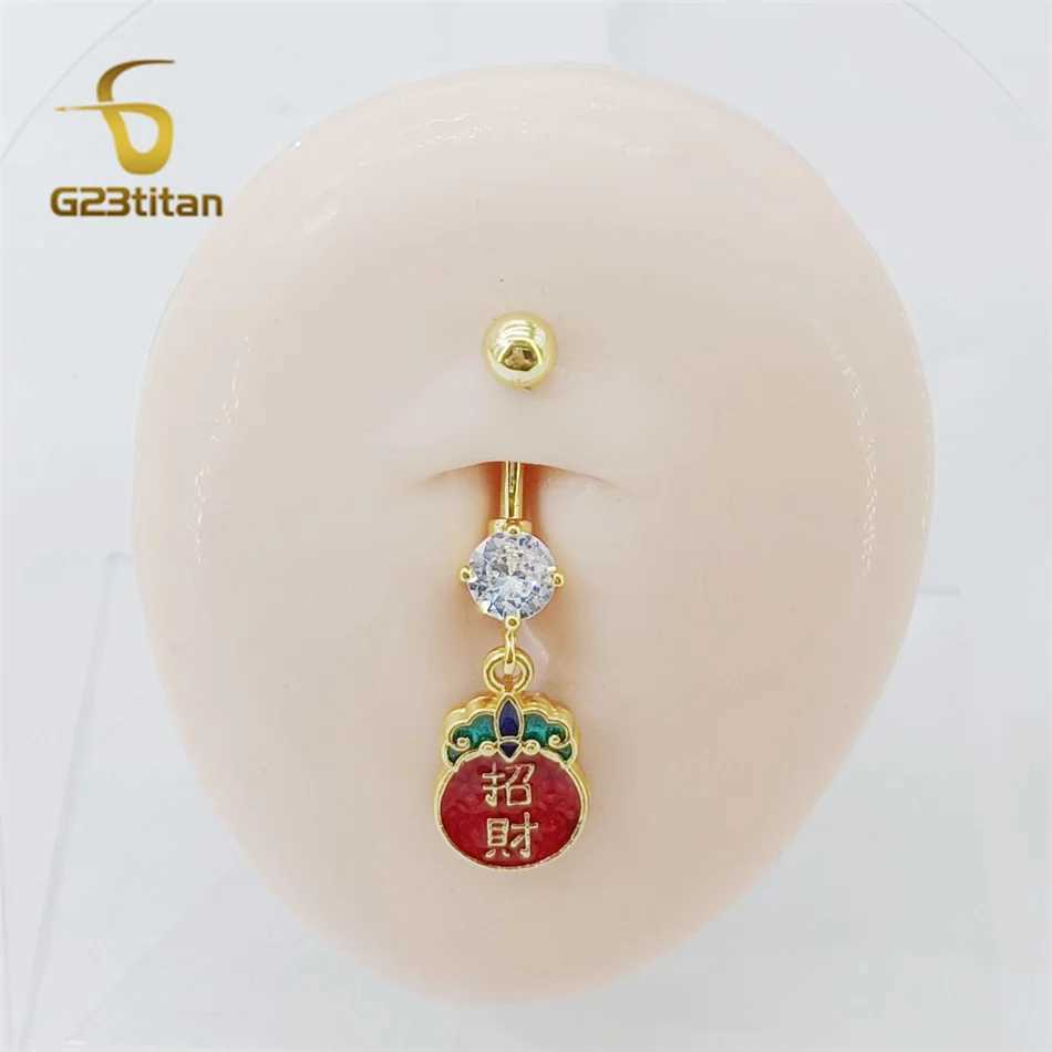 Chinese Lucky Bling Word Pendant Belly Rings G23 Titanium Rod 14G Navel Bar Golden Bo Piercing Male Female Romantic JewelryXJ250623