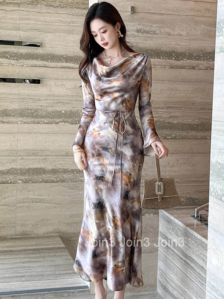 New Spring Autumn Casual Satin Print Fishtail Dress Women Clothes Elegant Lady Retro Flared Sleeve Slim Midi Robe Party Vestidos