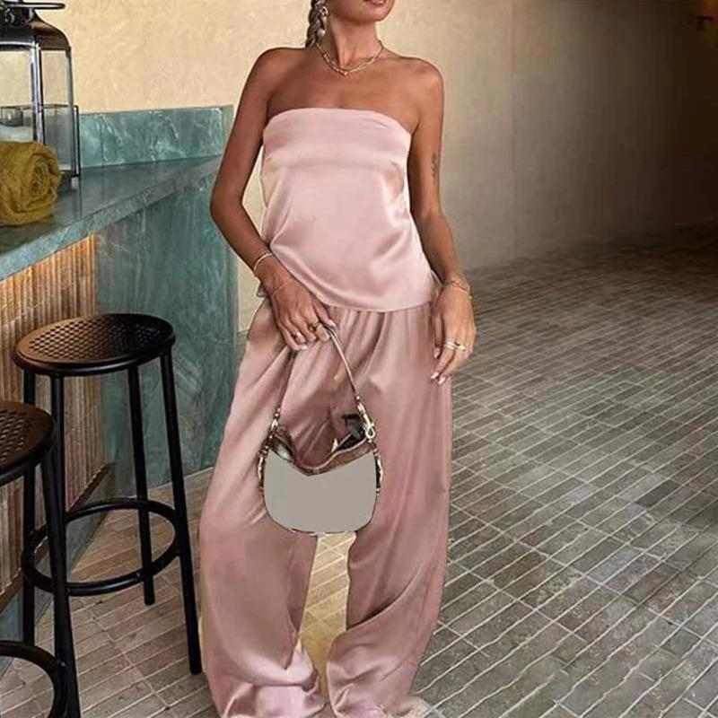 Women Elegant Strapless Loose Outfits Fashion Hight Waist Solid Satin 2Pc Suit Sexy Off Shoulder Sleeveless Tops Long Pant Set 250616