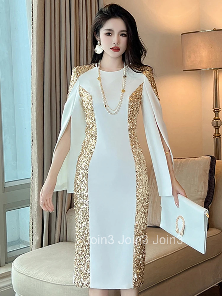 Fashion Sparkly Gold Sequin Evening Dress Women Ladies Clothing Elegant Commute Chic Slit Sleeve Midi Prom Robe Mujer Vestidos