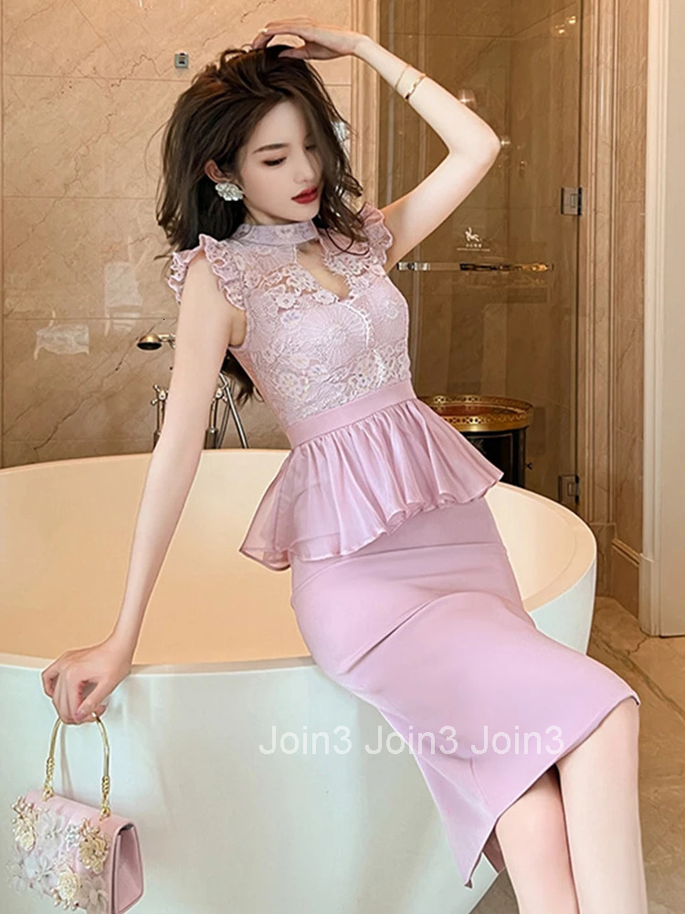 New Summer Elegant Office Women Evening Dress Chic Lace Pink Sheer Sexy Hollow Slim Midi Pencil Party Prom Femme Mujer Vestidos