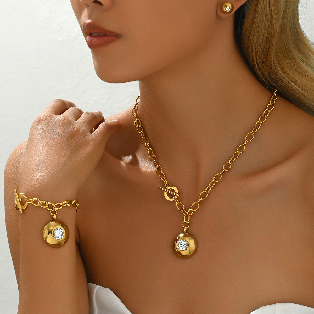 Women's Style Earrings Necklace Set Personality Geometric Circle Zircon Inlaid Design Bracelet Jewelry