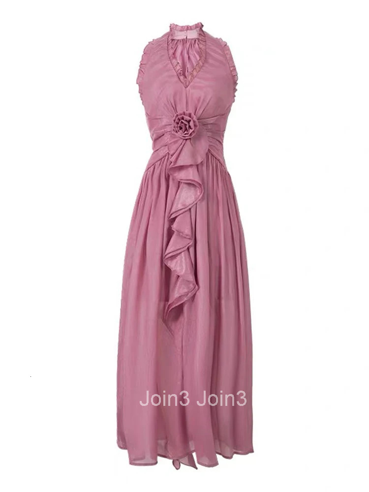 Summer Sweet Pink Ruffle Vacation Gown Evening Dress Women Clothes Elegant Sexy V-Neck Slim Maxi A-Line Robe Party Prom Vestidos