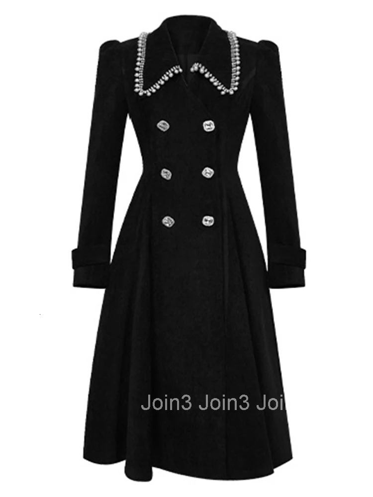 Women Clothes Vintage Black Pearl Double-Breasted A-Line Jacket Coat Formal Elegant Commute Femme Outerwear Long Windbreaker New