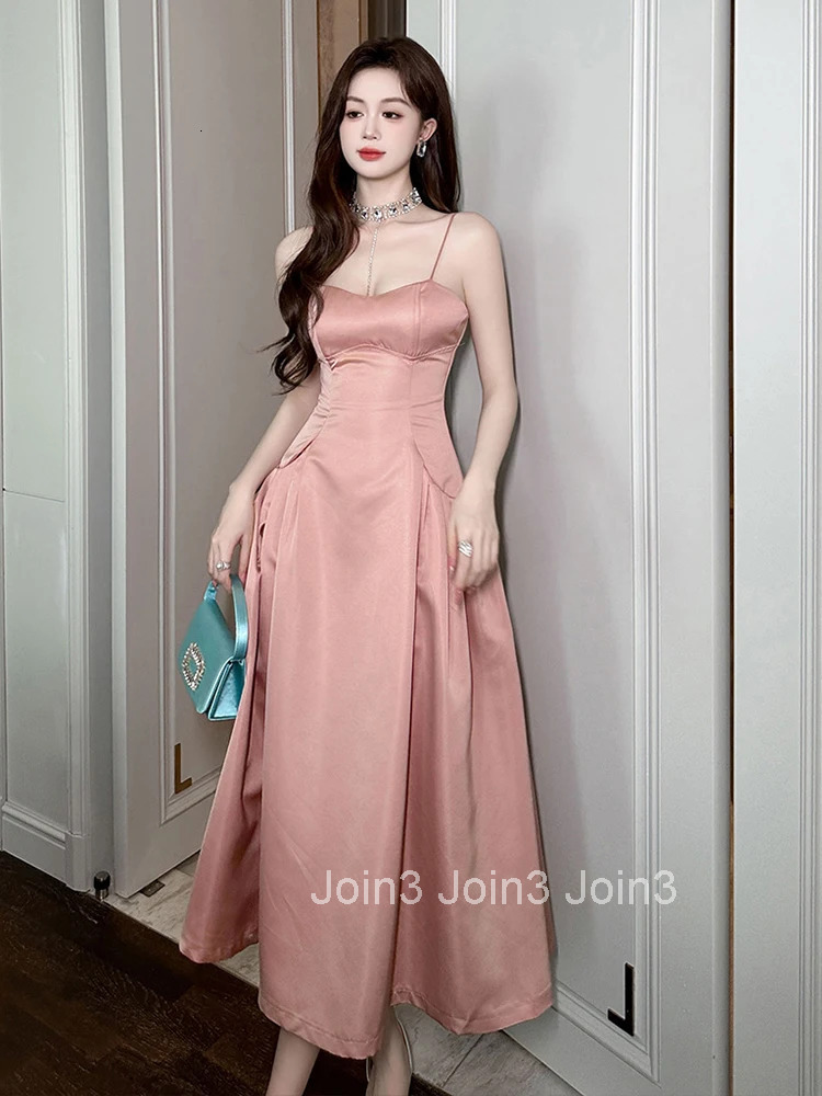 New French Elegant Summer Pink Gown Evening Dress Women Clothes Sweet Sexy Sling Folds Slim Long Robe Party Prom Vestidos Fiesta