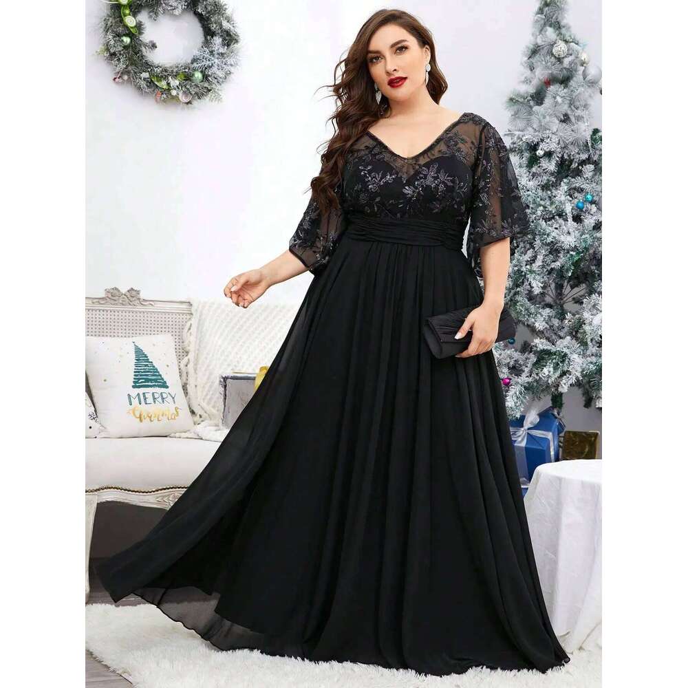 Mgiacy Plus Sizev-Neck Sequin Embroidered See-Through Large Trumpet Sleeve Patchwork Chiffon Full Skirt Evening Gown Ball Dress