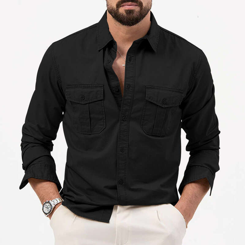 New Cross-Border Trade Simple European and American Men's Shirt with Multiple Pockets Casual Long Sleeve Top for Men