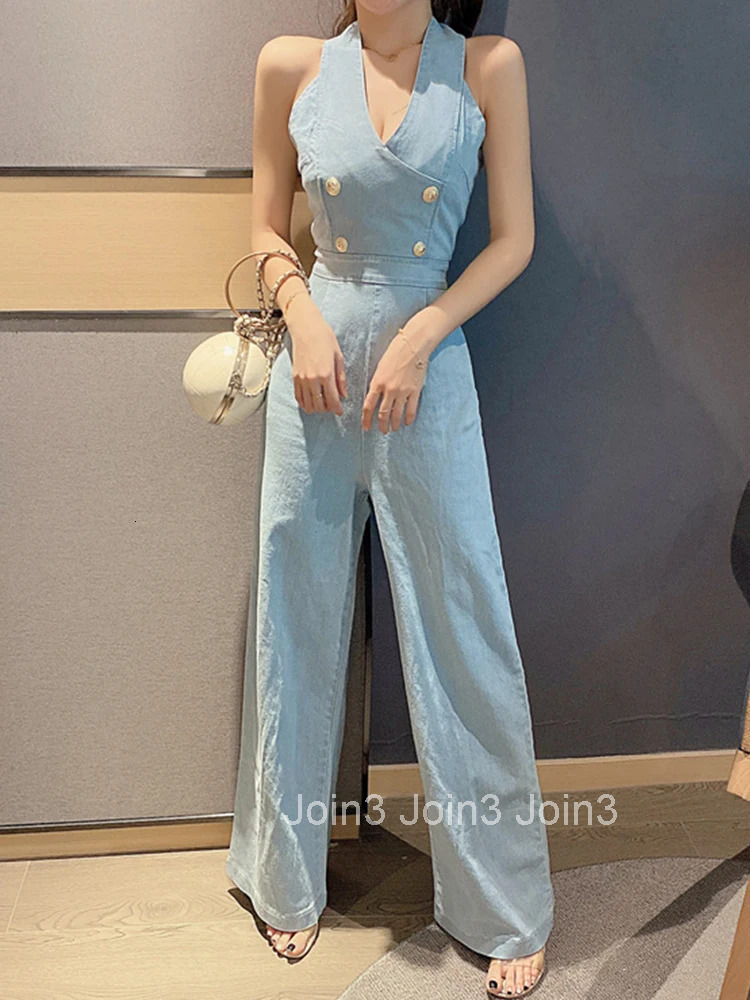 Fashion Summer One Piece Jumpsuit For Women Denim Retro Sexy Halter Sleeveless Femme Mujer Wide Leg Loose Rompers Street Clothes